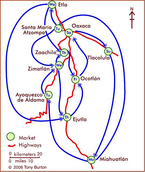 Weekly market cycles in Oaxaca (Interactive map)