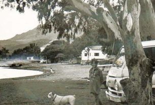 Tamara Johnson, pictured here looking out over the lake from in front of the Old Posada, near Ajijc pier, with her faithful dog Gordo, is going to take us on a tour of Ajijic, in about 1970... ﻿Photo by Beverly Johnson. All rights reserved.
