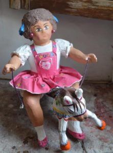 Figure of a girl riding a horse toy by Rosita Lemus of Celaya, Guanajuato. Photo © Leigh Thelmadatter, 2019