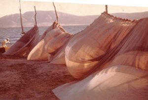 ﻿As the afternoon breeze comes up, the nets billow in the wind as they dry. ﻿Photo by Beverly Johnson. All rights reserved.