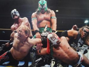 Atlantis, Ultimo Guerrero and Rey Bucanero versus Japanese luchadores Okumora, Liger and Dragón Rojo Jr., photograph by Diego Gallegos © Anthony Wright, 2013