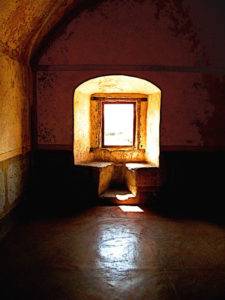 Each of the small private rooms was naturally illuminated with bright Mexican sunlight allowed in through the window seat. The Ex-Convento de San Pablo Apostol in Yuriria, Michoacan was home to the priests who evangelicized New Spain. This original photograph forms part of the Olden Mexico collection © Darian Day and Michael Fitzpatrick, 2010