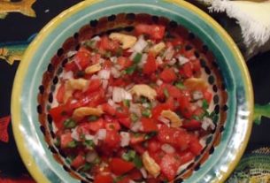 Pico de gallo or fresh salsa mexicana — chopped tomato, onion and serrano chile — served as an appetizer with dried shrimp © Karen Hursh Graber, 2013