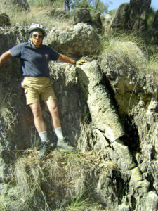 Road construction has cut away the hillside revealing that tree-stump-like fossil fumaroles are actually very long cylinders. Tala, near Guadalajara, is a wonderland of natural scenery. © John Pint, 2011