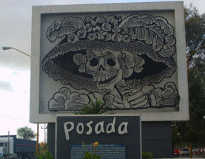 A large replica of Posada's most acclaimed Catrina representation stands at the main entrance to the city of Aguascalientes. She smiles a welcome to residents and visitors alike. © Diodora Bucur, 2009