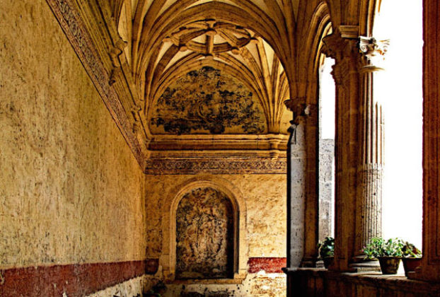 In the Ex-Convento de San Pablo Apostol in Yuriria, Michoacan, graceful arches soar above the lower arcade and adjoin to columns that surround the inner courtyard. The beautiful old convent dates from the 16th century and is one of the largest in Mexico. This original photograph forms part of the Olden Mexico collection. © Darian Day and Michael Fitzpatrick, 2010