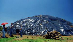 Unexpected rains during excavation forced archeologists to cover this entire pyramid in plastic at Guachimontones near Teuchitlan, Jalisco. © John Pint, 2009