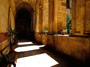In the Ex-Convento de San Pablo Apostol in Yuriria, Michoacan, bright sunshine streams in through the arched colonnade in the lower arcade. The mood is quiet and reflective. This original photograph forms part of the Olden Mexico collection. © Darian Day and Michael Fitzpatrick, 2010
