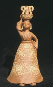 Joel Velasco Lara's family interprets the China Poblana in terracotta. The low cut embroidered blouse, full skirt, white petticoat and shawl are attributed to Catarina de San Juan, a Hindu princess who was kidnapped by pirates, sold into slavery, and who lived in Puebla in the 1600s. © Arden Aibel Rothstein and Anya Leah Rothstein, 2007