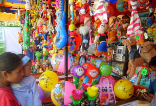 Located about 50 kilometers southwest of the state capital of Aguascalientes, the town of Calvillo hosts an annual guava fair. Stalls selling food and merchandise appear in the plaza. This one, filled with toys, entices a little girl and her baby sister. © Diodora Bucur, 2009