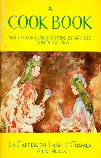 Cover of A Cookbook with Color Reproductions by Artists from the Galería. The illustration is an acrylic entitled “Women with green hair” by Eleanor Smart.   Acrylic by Eleanor Smart.