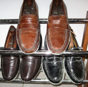 Humidity caused mold to flourish on leather shoes stored in the closet.