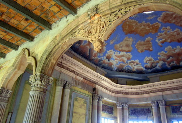 Beautiful ceiling with painted cloud mural. Hacienda Jaral de Berrio in Guanajuato