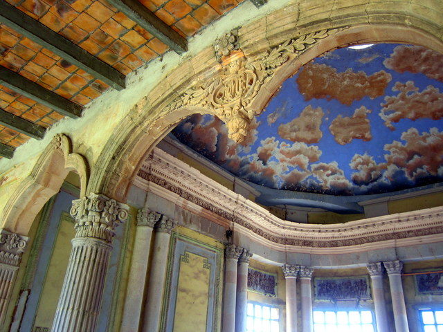 Beautiful ceiling with painted cloud mural. Hacienda Jaral de Berrio in Guanajuato