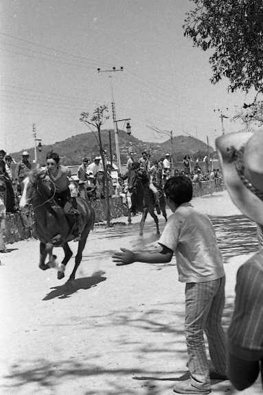 ﻿Far more exciting was watching a horserace in San Antonio. With a clattering of hooves, stallions thundered by galloping towards the lake. Photo, now in collection of Tamara Johnson, taken by Beverly Johnson; all rights reserved.