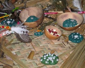 Peyote buds, eagle feathers and offering bowls made of gourd rest on a woven palm mat. © Kinich Ramirez, 2006