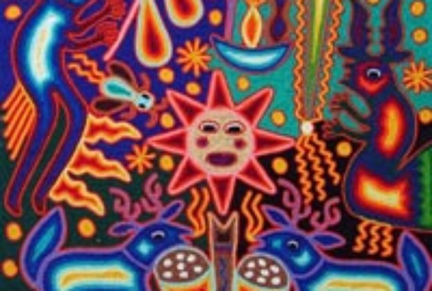 Tawexikia the sun centers this nierika or Huichol votive yarn painting. The blue deer accompanies the sun. © Kinich Ramirez, 2006