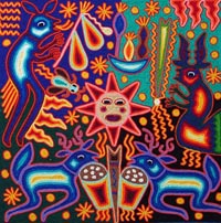 Tawexikia the sun centers this nierika or Huichol votive yarn painting. The blue deer accompanies the sun. © Kinich Ramirez, 2006