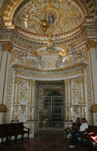 The Sanctuary of Our Lady of Guadalupe in Zacatecas is a magnificent overload of colors -- gold, cream, rose and maroon covering arches, columns, vaulted ceilings and a feeling of immense richness and peace. © Jane Ammeson, 2009