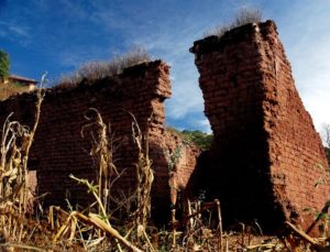 Walking in the cornfields around the abandoned mining site of El Amparo, one may come upon the ruins of old walls jutting into the sky © John Pint, 2012