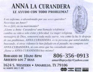 Anna, a curandera in Amarillo, Texas, advertises her alternative medicine therapy in Spanish in a local newspaper. Here she offers help with illness, as well as with loved ones, love and marriage. (anna-psychic.jpg) © John G. Gladstein, 2010