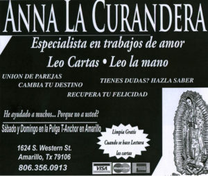 Anna, a curandera in Amarillo, Texas, advertises herself as a love specialist in Spanish in a local newspaper. Here she offers to read the tarot cards and palm reading. (anna-psychic.jpg) (anna-la-curandera2.jpg) © John G. Gladstein, 2010