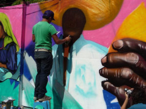 More vivid wall art imagery takes shape at the Bellas Artes graffiti art project in Mexico City. © Anthony Wright, 2009