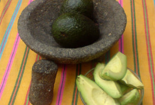 A good way to get the seed out of the avocado without much effort is by letting the blade of a knife fall into it and twisting to release the seed from the creamy pulp. © Daniel Wheeler, 2009