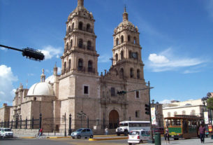 The Cathedral on the Plaza de Armas in downtown Durango is built in a high Baroque style known as Churrigueresque. This style came about at the end of the Spanish Renaissance. © Jeffrey R. Bacon, 2009