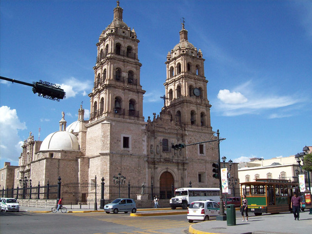 The Cathedral on the Plaza de Armas in downtown Durango is built in a high Baroque style known as Churrigueresque. This style came about at the end of the Spanish Renaissance. © Jeffrey R. Bacon, 2009