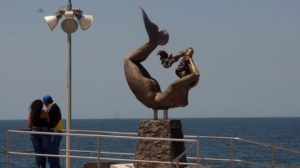 A Mazatlan mermaid is captured in perpetual performance for strollers and lovers alike. © Gerry Soroka, 2009