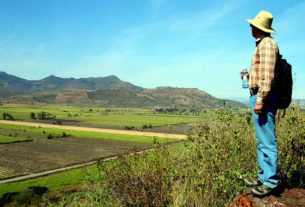 An archeologist looks out over what was once Lake Magdalena from the top of former Itztlitlan Island, thought to have been the largest obsidian workshop in the world. The 53-kilometer stretch of highway from Tala to San Marcos in the state of Jalisco boasts many fascinating sites. © John Pint, 2009