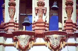 The intricate carvings of the Mission at Landa begin atop the Campanario or bell tower, and cover the entire facade.