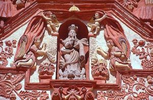 The Virgin of Guadalupe is the centerpiece of the facade of the Mission of Landa.