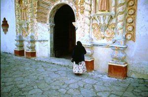 The colors of the facade of the Mission at Tilaco are more delicate, with pastel shades rather than the more vivid colors seen at the other Missions.