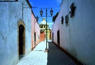 A pristine side street in Bernal, the small city that sits beneath the monolithic magnetic mountain.