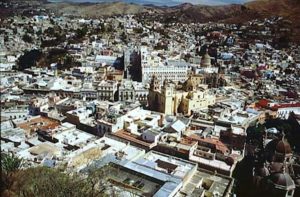 La Alhóndiga, the Granery, in the center of the city of Guanajuato. From the top of the closest corner, a sign indicates where the patriot Allende's head was hung in a cage for ten years durning the war for independence from Spain.