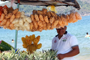 In the true spirit of Mexican entrepreneurship, the streets and beaches are lined with vendors selling wares from carts and wheelbarrows, and pickup trucks overflowing with watermelons and pineapples. Typical cart fare includes these crispy fried snacks doused wit chilli sauce and fresh lime joice. © Christina Stobbs, 2011