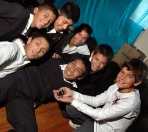 'Bicho' (Bugs) Orozco helps his father Rodrigo Orozco acquaint the boys at Villa de los Niños with a live Mexican tarantula. © John Pint, 2012