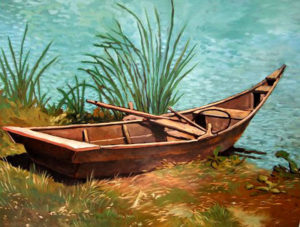 Painting of a boat on the shore of Lake Chapala by Mexican artist Efren Gonzalez. © Rob Mohr, 2010