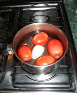 For the salsa: Remove stems and boil tomatoes together with the onion. © Daniel Wheeler, 2010