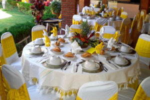 The tables are set and ready for guests. Custom centerpieces and place settings can be arranged in Oaxaca salones para eventos. © Alvin Starkman 2008