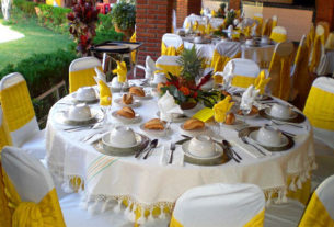 The tables are set and ready for guests. Custom centerpieces and place settings can be arranged in Oaxaca salones para eventos. © Alvin Starkman 2008