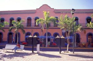 Restored 19th-century buildings ring Plazuela Machado in Old Mazatlán.