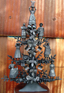 A tree of life sculpture created from Oaxaca's distinctive black pottery. The color results from reduction firing, or depriving the kiln of oxygen. This piece was exhibited in Chapala's annual Feria Maestros del Arte. © Marianne Carlson, 2008