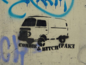 Combie: An obvious play on words by the Mother Monkey Collective. This example of stencil grafitti art by the Mother Monkey Collective comes from Mexico City. © Anthony Wright, 2009