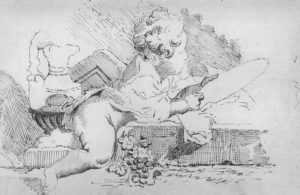Another drawing in pen and ink by Ettore Serbaroli that he sketched into his wife Josefina's autograph book. It shows a cherub looking into a mirror, an expression of vanity. © Joseph A. Serbaroli, Jr., 2014