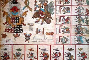 Original page 13 of the Codex Borbonicus, showing the 13th trecena of the Aztec sacred calendar. This 13th trecena was under the auspices of the goddess Tlazolteotl, who is shown on the upper left wearing a flayed skin, giving birth to Cinteotl. The 13 day-signs of this trecena, starting with 1 Earthquake, 2 Flint/Knife, 3 Rain, etc., are shown on the bottom row and the right column.