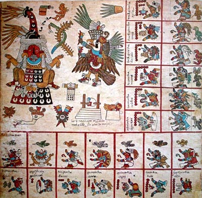 Original page 13 of the Codex Borbonicus, showing the 13th trecena of the Aztec sacred calendar. This 13th trecena was under the auspices of the goddess Tlazolteotl, who is shown on the upper left wearing a flayed skin, giving birth to Cinteotl. The 13 day-signs of this trecena, starting with 1 Earthquake, 2 Flint/Knife, 3 Rain, etc., are shown on the bottom row and the right column.