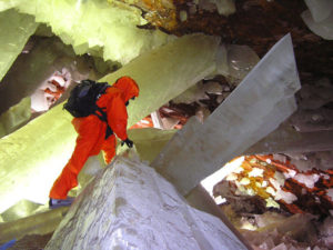 The world's largest crystals are found in the Crystal Cave of Naica, Chihuahua. Cavers don cooling suits to survive in the 50° C heat and 100% humidity in this renowned Mexico cave. This photo was taken for the Naica Project. © Speleoresearch Archive, C/PRODUCCIONES and Films La Venta, 2010